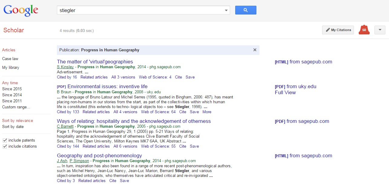 Google Scholar Progress search results